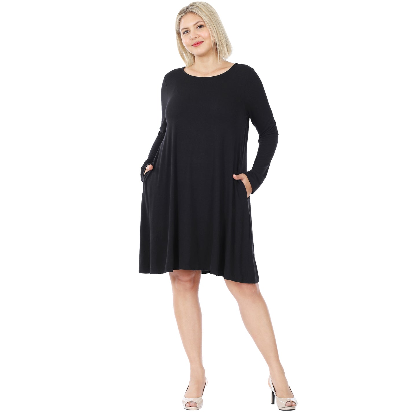 PLUS LONG SLEEVE FLARE DRESS WITH POCKETS