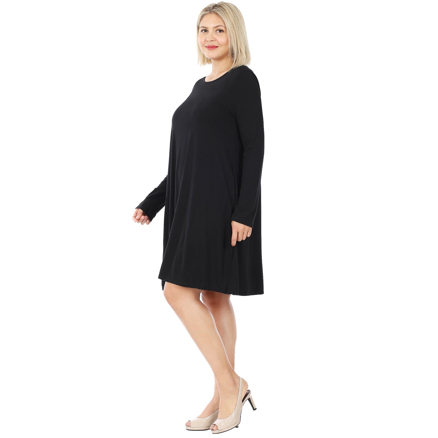 PLUS LONG SLEEVE FLARE DRESS WITH POCKETS