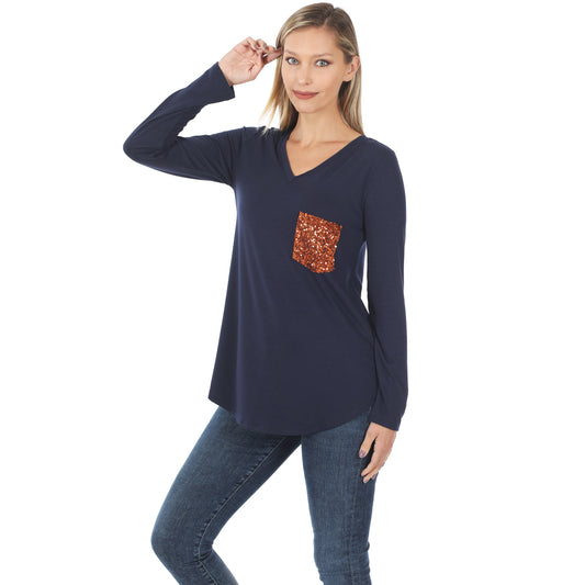 LONG SLEEVE V-NECK FRONT SEQUIN POCKET TOP