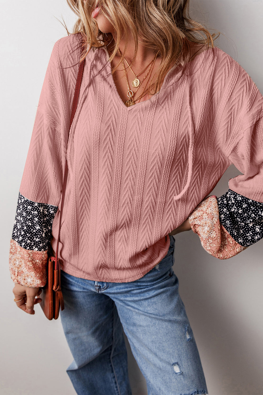 Beige Floral Patchwork Textured Knit Drawstring V Neck